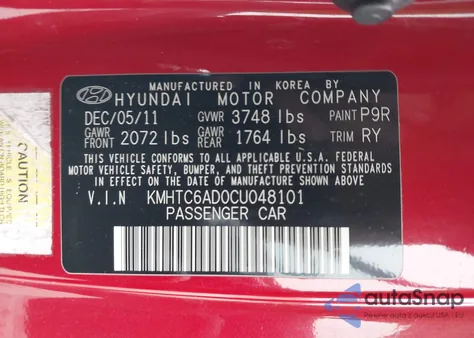 2012 Hyundai Veloster Base W/Red/Black z USA, uszkodzony, nr VIN KMHTC6AD0CU048101